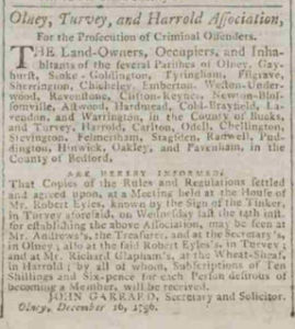 Image of article from the Mercury Newspaper writing John Garrard oversees the formation of the local criminal prosecution board, December 1796.